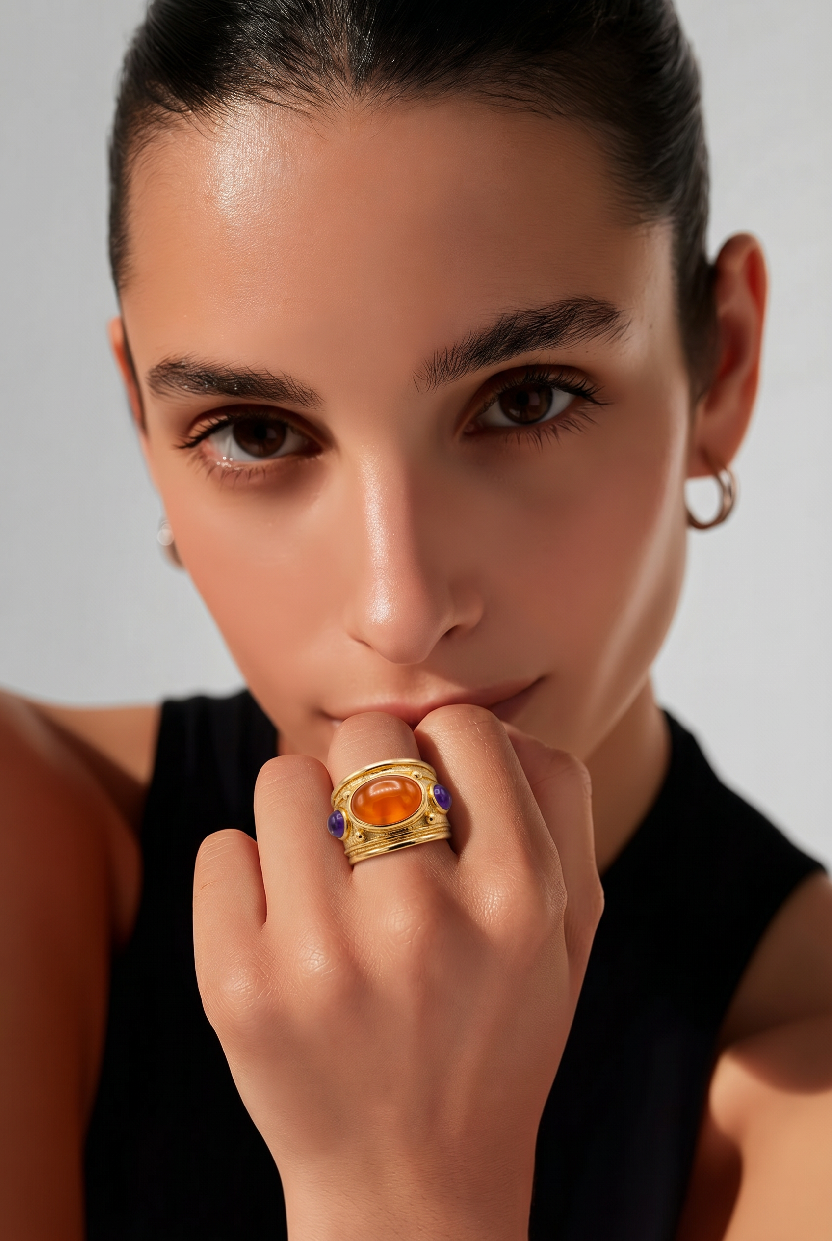 GAS BIJOUX - BAGUE SIMONE DORÉE - CORNALINE ET AMETHYSTE - TAILLE M