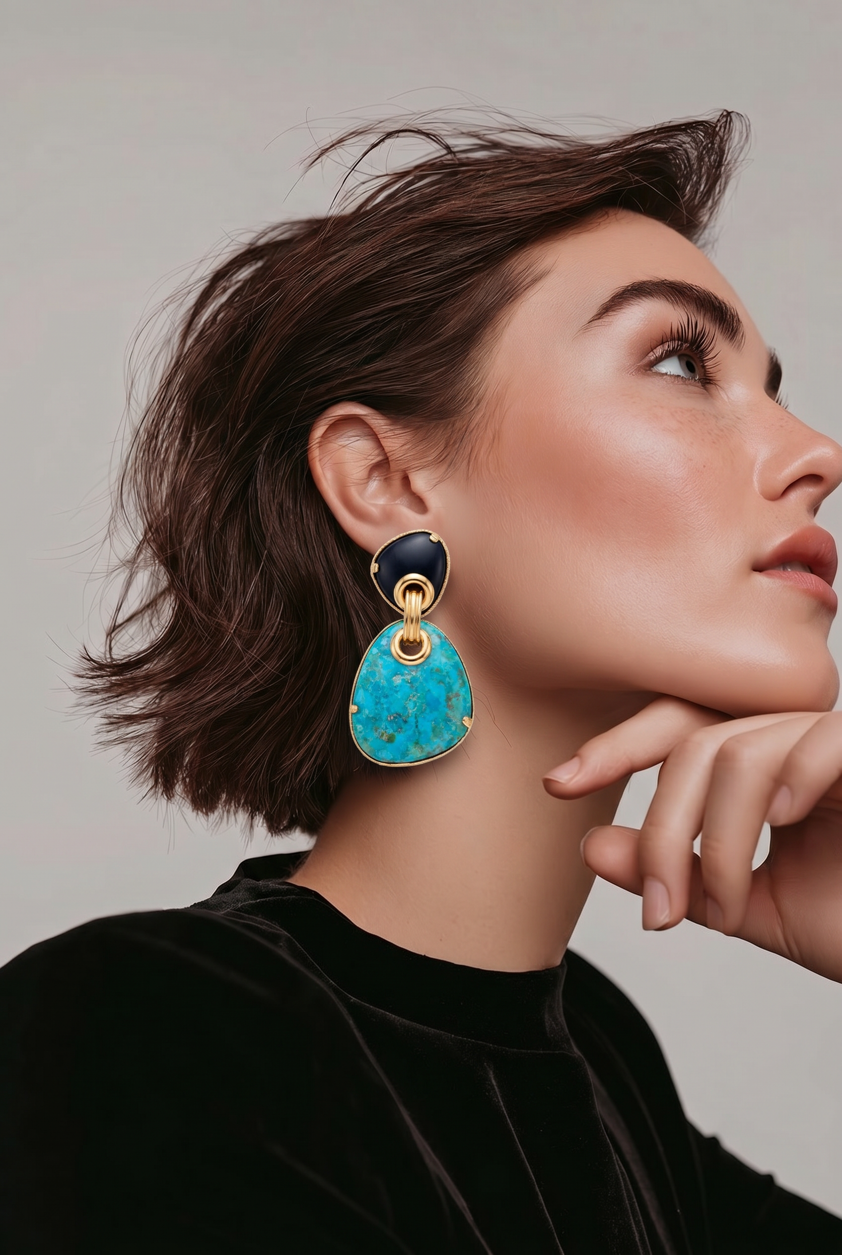 GAS BIJOUX - BOUCLES D'OREILLES SILIA GRAND MODELE TIGES DROITES DORÉES - TURQUOISE ET ONYX NOIR