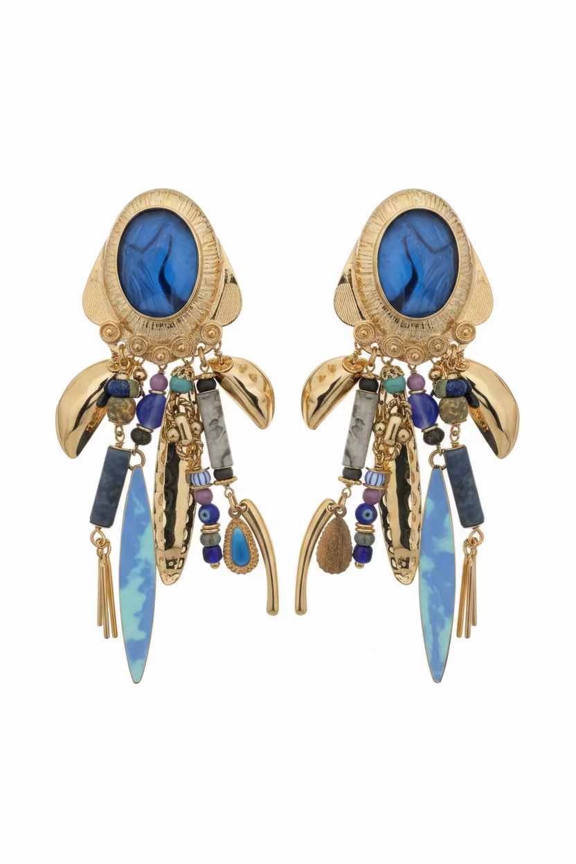 GAS BIJOUX - BOUCLES D'OREILLES CLIPS BALANDRA DORÉES ET BLEUES