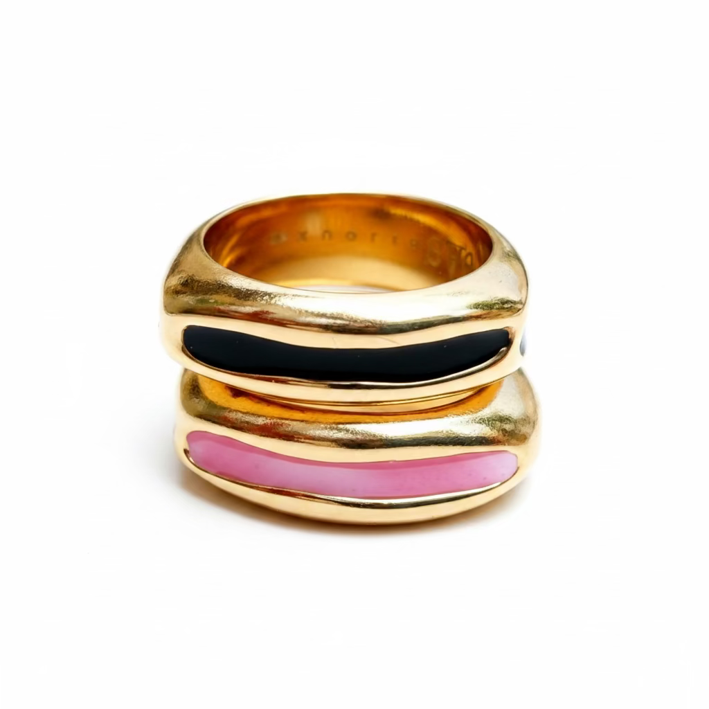 GAS BIJOUX - BAGUE SUERTE DORÉE - EMAIL NOIR et EMAIL ROSE - TAILLE S
