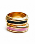 GAS BIJOUX - BAGUE SUERTE DORÉE - EMAIL NOIR et EMAIL ROSE - TAILLE S