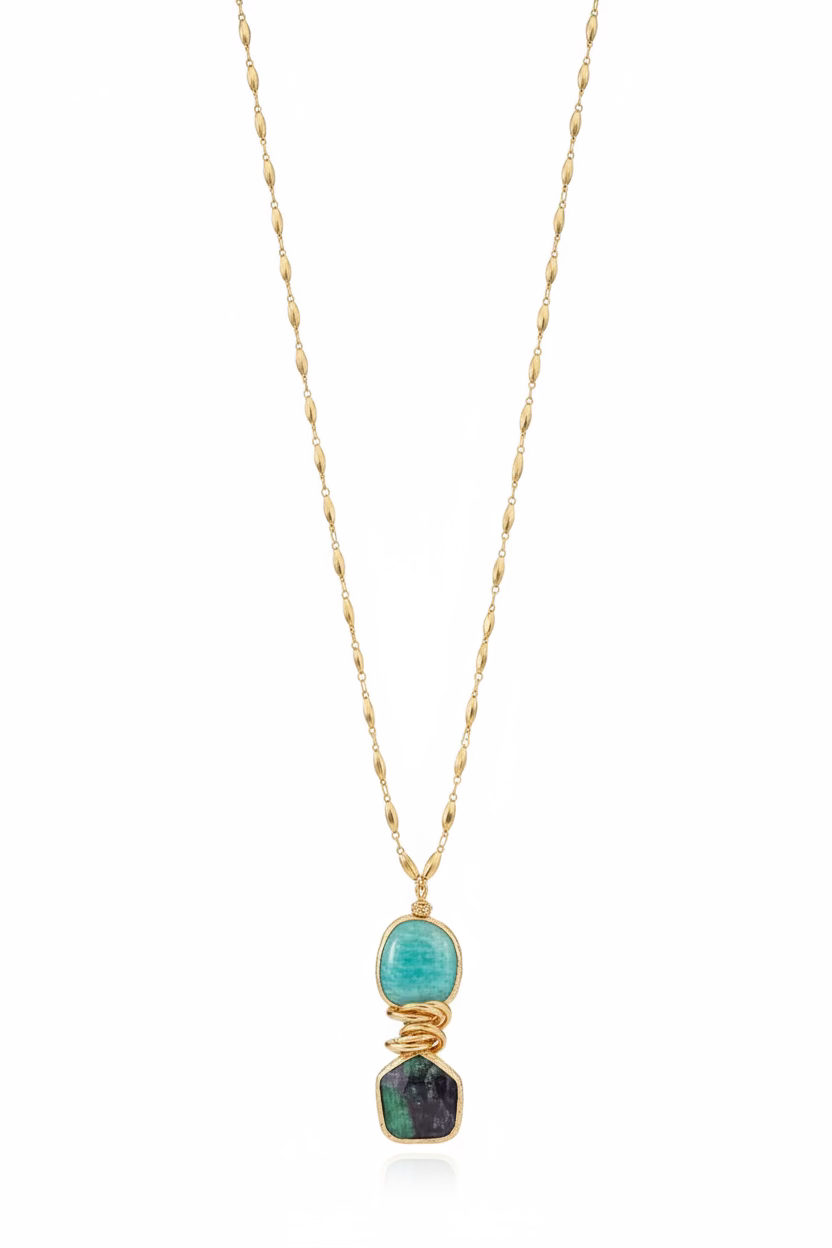 GAS BIJOUX - SAUTOIR SIRENA 2.0 DORÉ - AMAZONITE ET RUBIS-ZOISITE