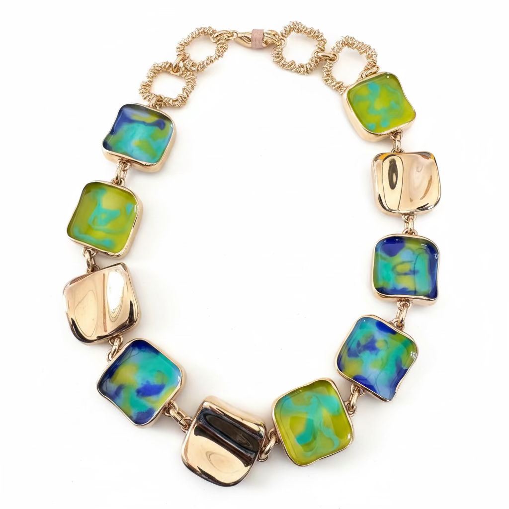GAS BIJOUX - COLLIER RAINBOW SQUARE EMAILLÉ DORÉ - PIECE RARE