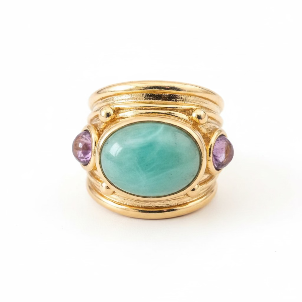 GAS BIJOUX - BAGUE SIMONE DORÉE - AMAZONITE ET AMÉTHYSTE - TAILLE 4