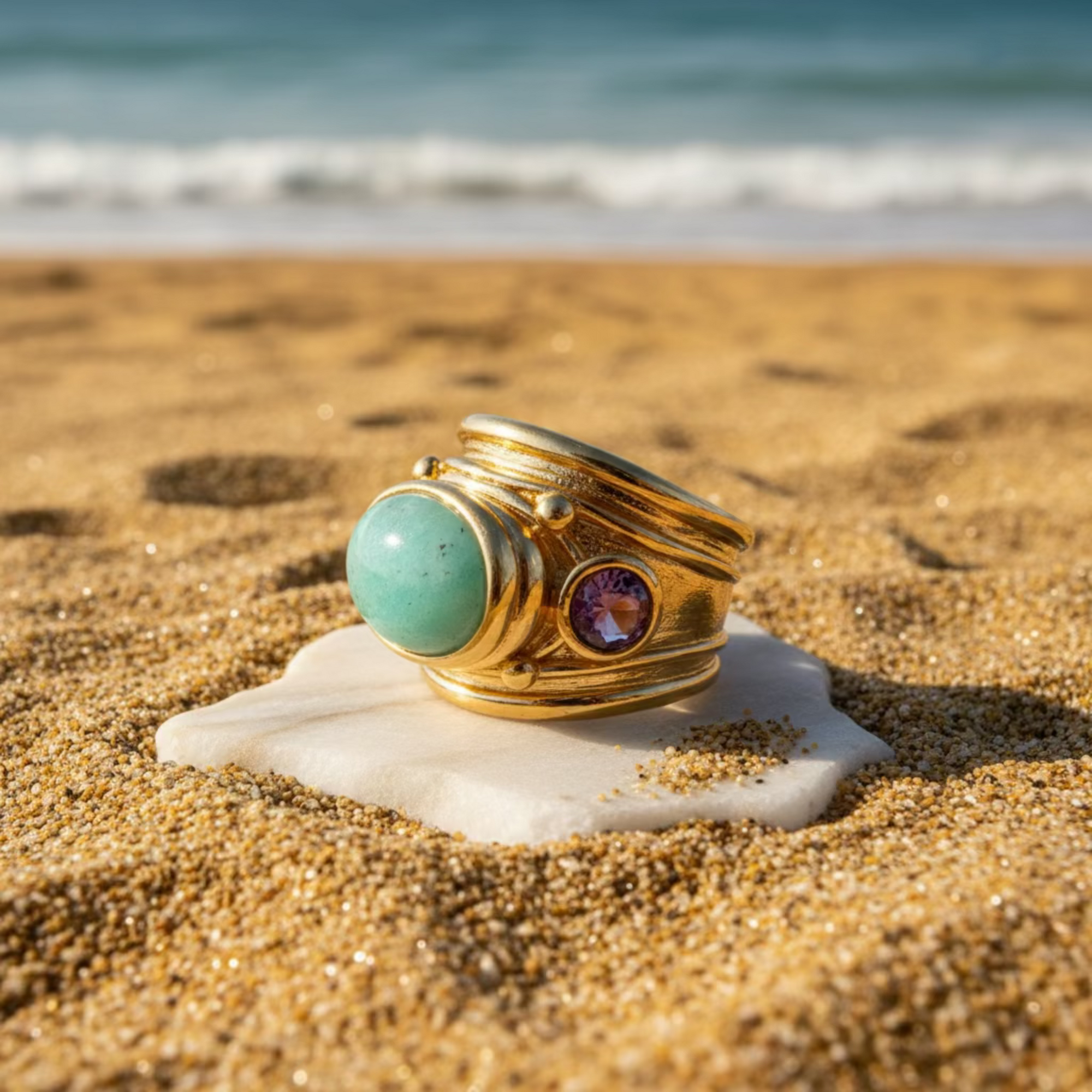 GAS BIJOUX - BAGUE SIMONE DORÉE - AMAZONITE ET AMÉTHYSTE - TAILLE 4