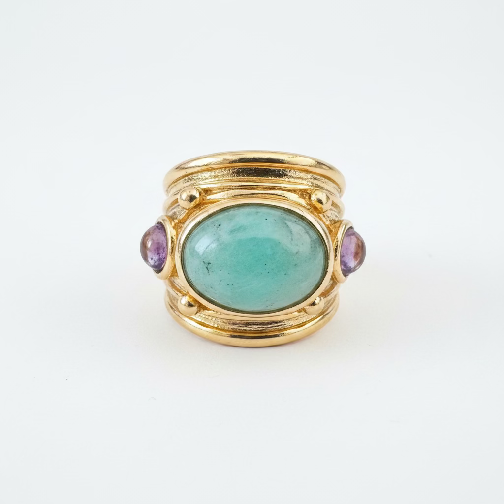 GAS BIJOUX - BAGUE SIMONE DORÉE - AMAZONITE ET AMÉTHYSTE - TAILLE 4