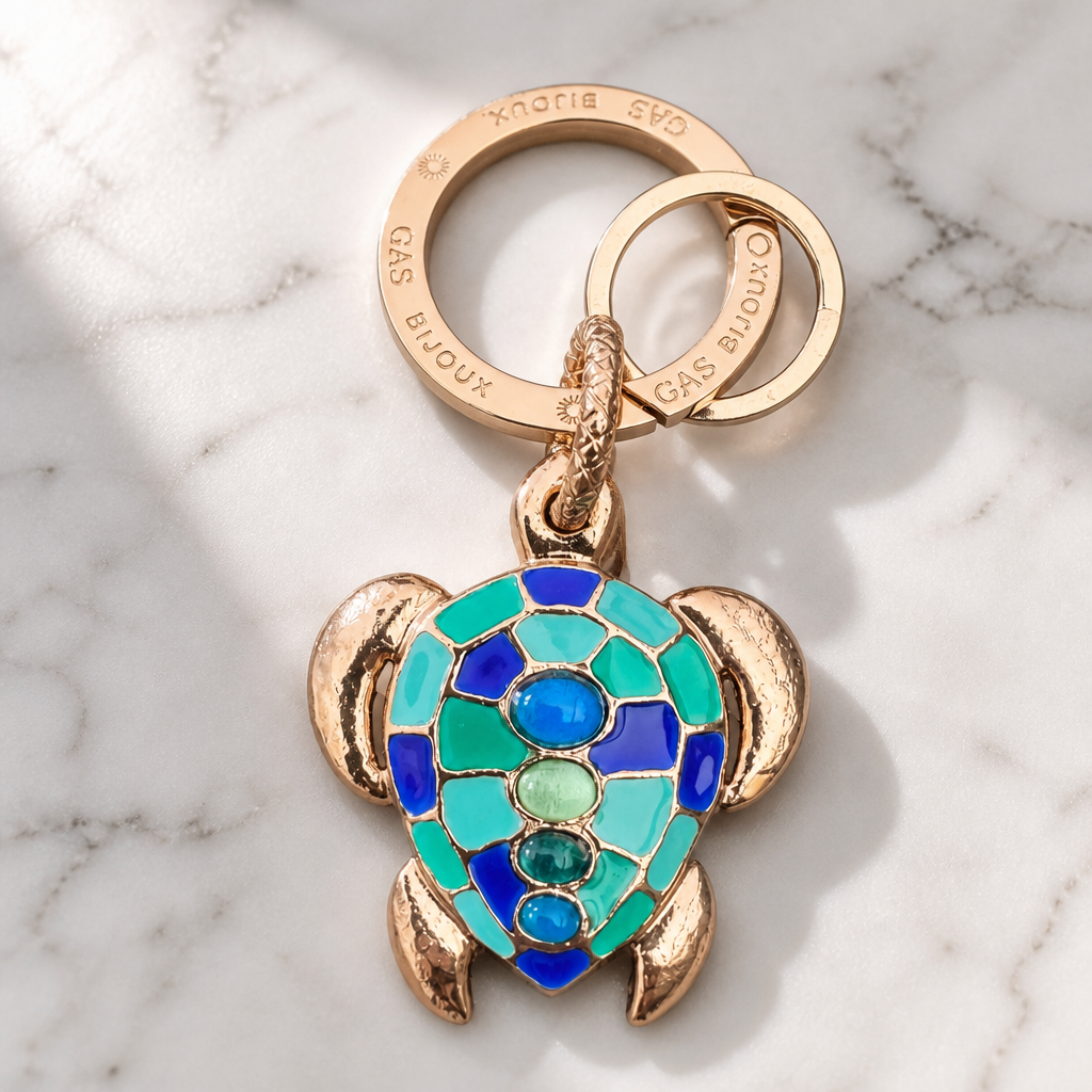 GAS BIIJOUX - PORTE CLEFS TORTUE EMAILLÉE DORÉE