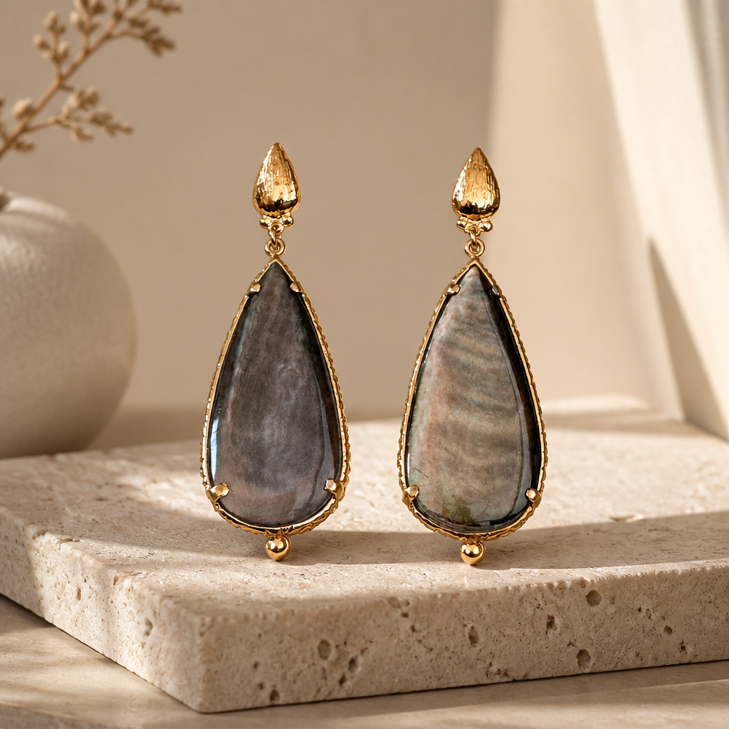 GAS BIJOUX - BOUCLES D'OREILLES SERTI GOUTTE MOYEN MODELE DORÉES - NACRE GRISE
