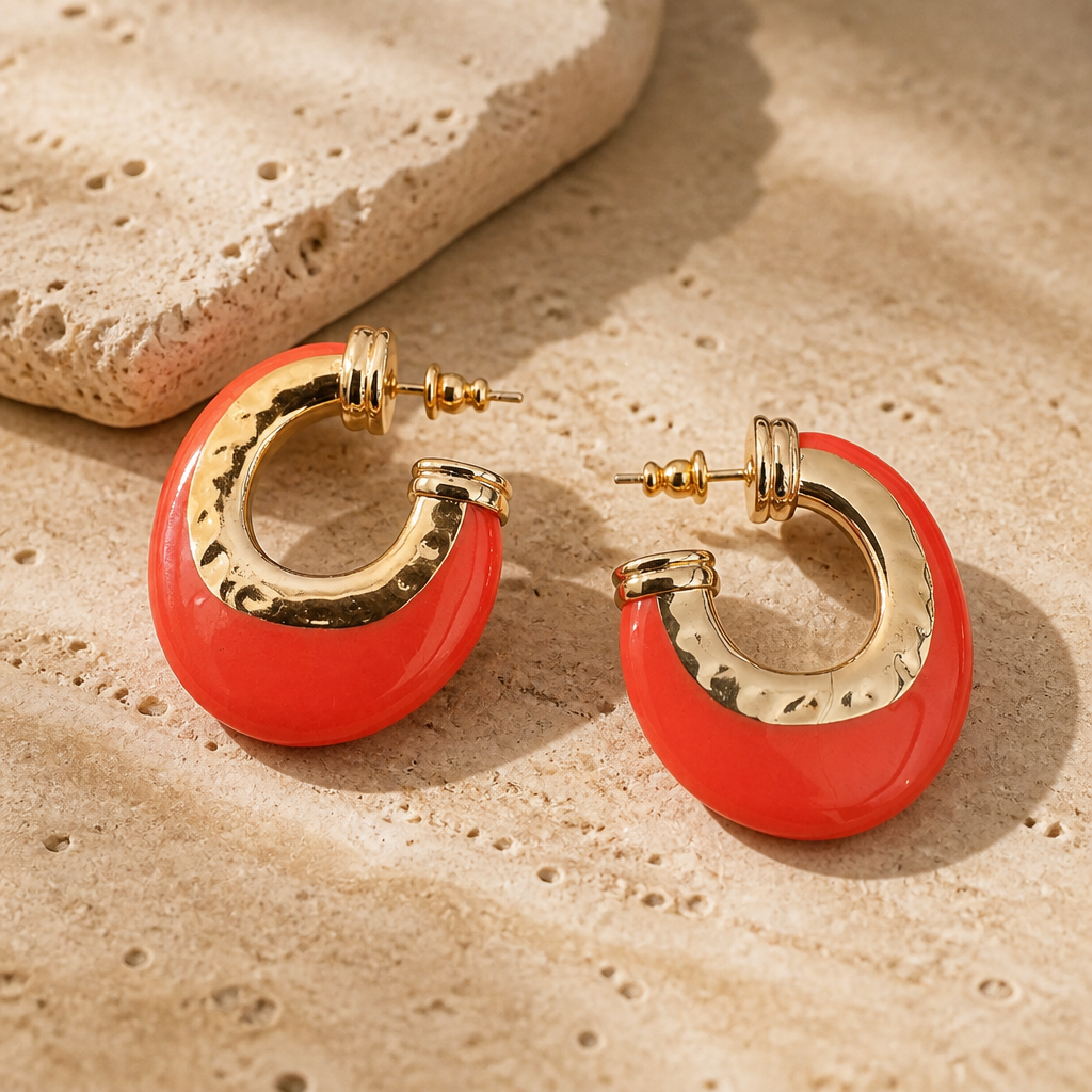 GAS BIJOUX - BOUCLES D'OREILLES CREOLES SELVA DORÉES - EMAIL ROUGE
