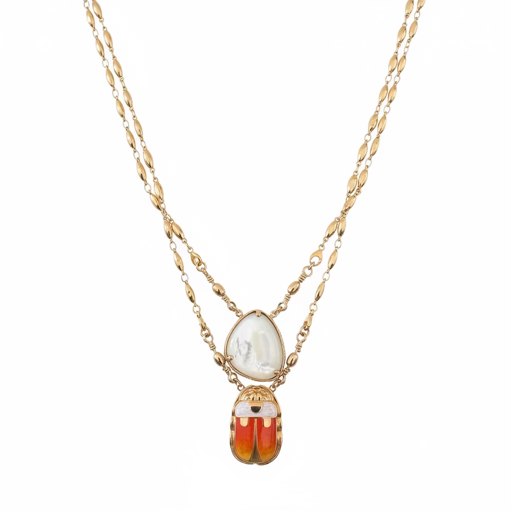 GAS BIJOUX - COLLIER SERTI SCAPULAIRE EMAIL DORÉ - NACRE BLANCHE