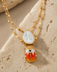 GAS BIJOUX - COLLIER SERTI SCAPULAIRE EMAIL DORÉ - NACRE BLANCHE