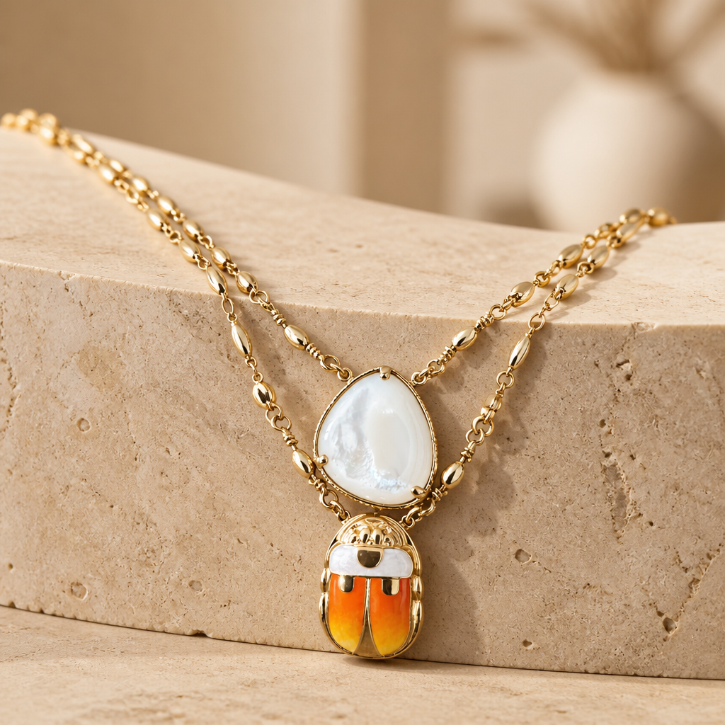 GAS BIJOUX - COLLIER SERTI SCAPULAIRE EMAIL DORÉ - NACRE BLANCHE