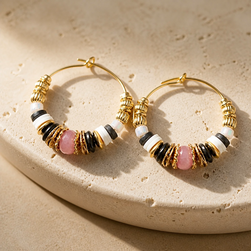 GAS BIJOUX - BOUCLES D'OREILLES CREOLES ALOHA DORÉES - ROSE- NOIRE - BEIGE