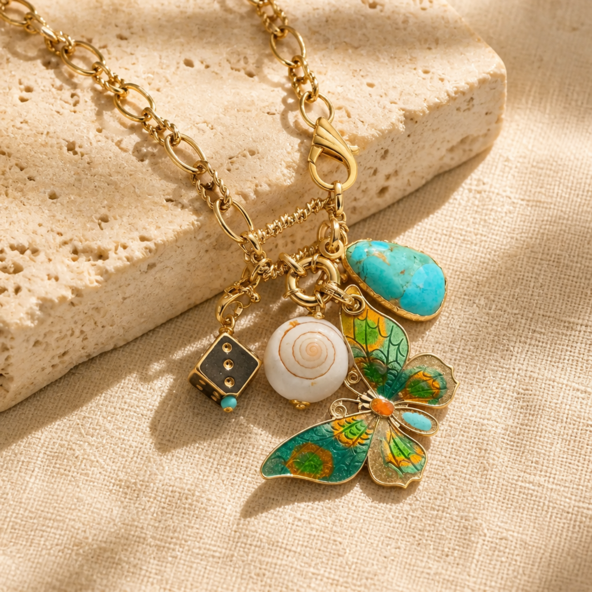 GAS BIJOUX - COLLIER CONSTANTINE DORÉ - PAPILLON VERT ET JAUNE