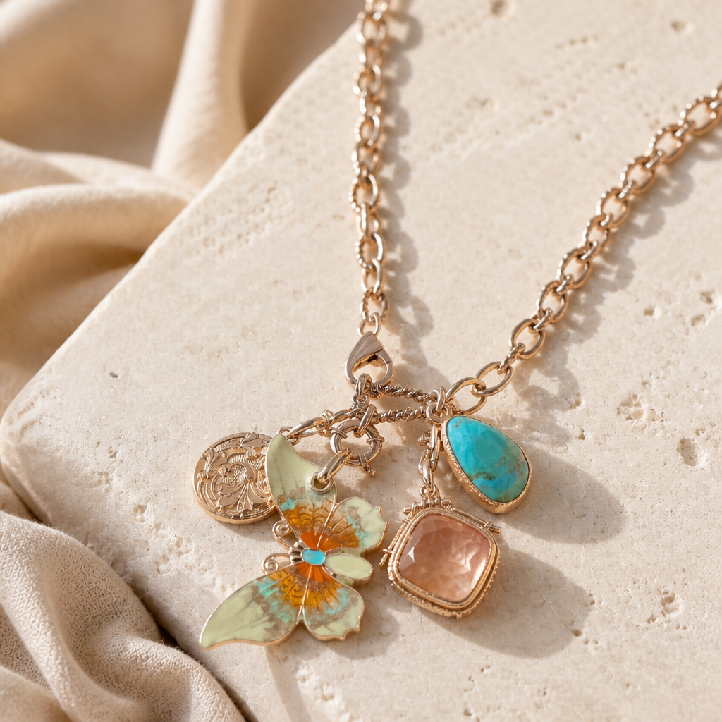 GAS BIJOUX - COLLIER CONSTANTINE DORÉ - PAPILLON VERT PALE ET ORANGE