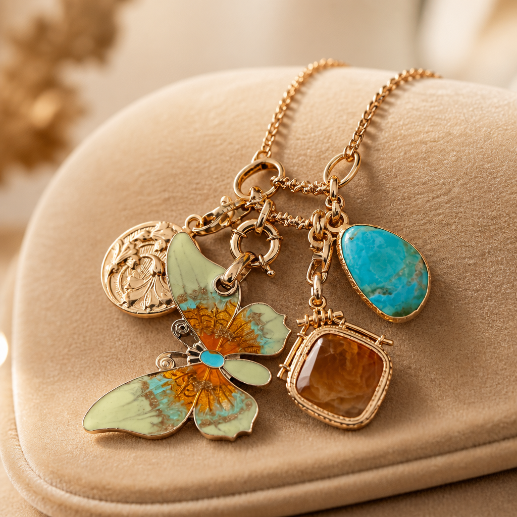 GAS BIJOUX - COLLIER CONSTANTINE DORÉ - PAPILLON VERT PALE ET ORANGE