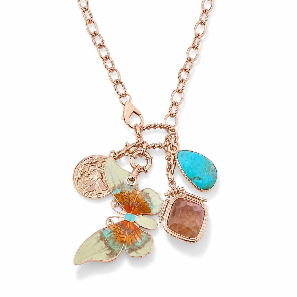GAS BIJOUX - COLLIER CONSTANTINE DORÉ - PAPILLON VERT PALE ET ORANGE