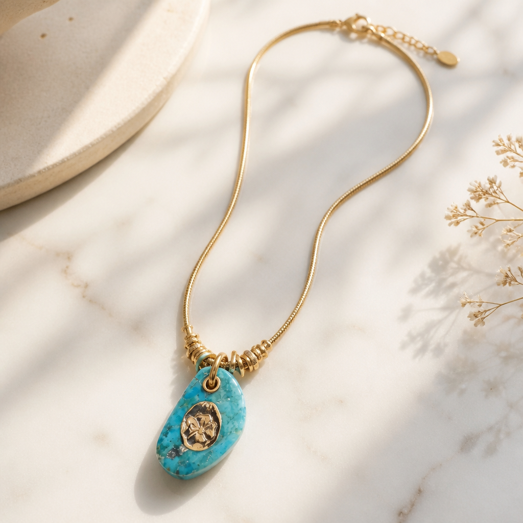 GAS BIJOUX - COLLIER GALET DORÉ - TURQUOISE VERITABLE