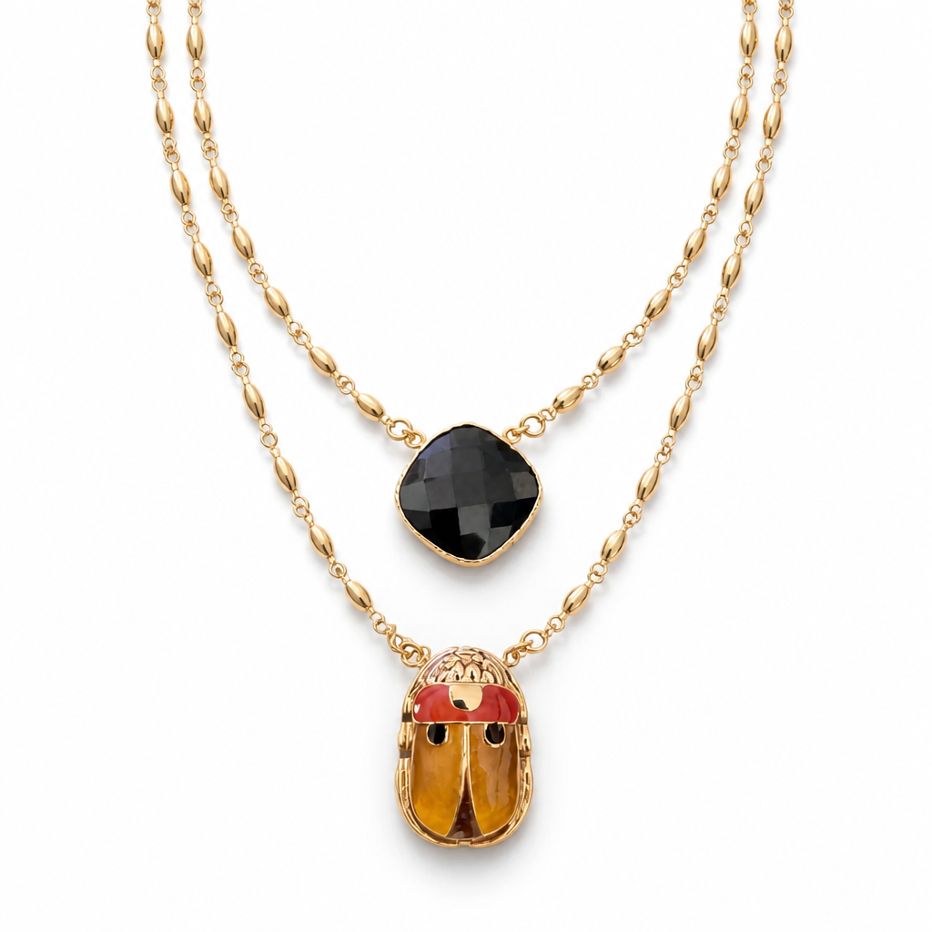 GAS BIJOUX - COLLIER SCAPULAIRE SERTI SCARABEE DORÉ -  ÉMAILLÉ ORANGE ET PIERRE ONYX