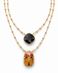GAS BIJOUX - COLLIER SCAPULAIRE SERTI SCARABEE DORÉ -  ÉMAILLÉ ORANGE ET PIERRE ONYX