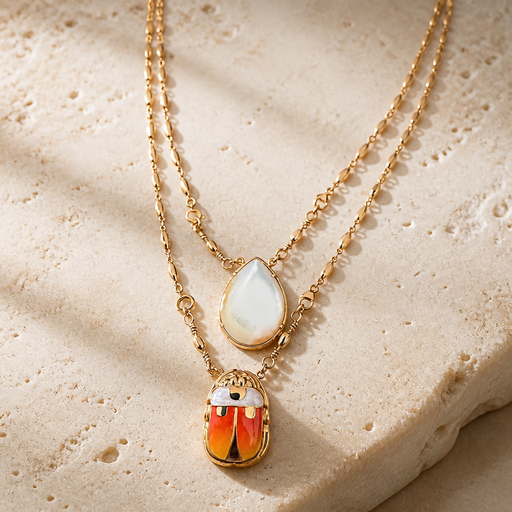 GAS BIJOUX - COLLIER SCAPULAIRE SERTI SCARABÉE DORÉ - EMAIL ORANGE ET BLANC ET NACRE BLANCE