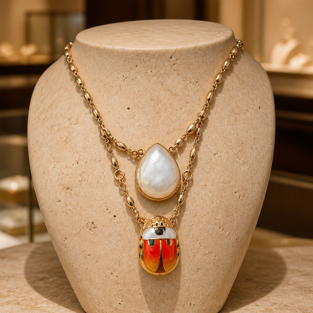 GAS BIJOUX - COLLIER SCAPULAIRE SERTI SCARABÉE DORÉ - EMAIL ORANGE ET BLANC ET NACRE BLANCE