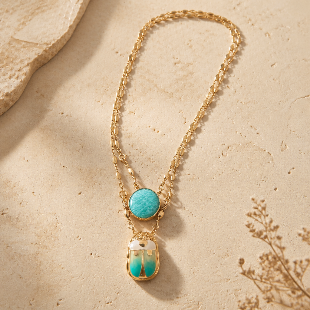 GAS BIJOUX - COLLIER SCAPULAIRE SERTI SCARABÉE DORÉ - EMAIL BLEU ET PIERRE TURQUOISE