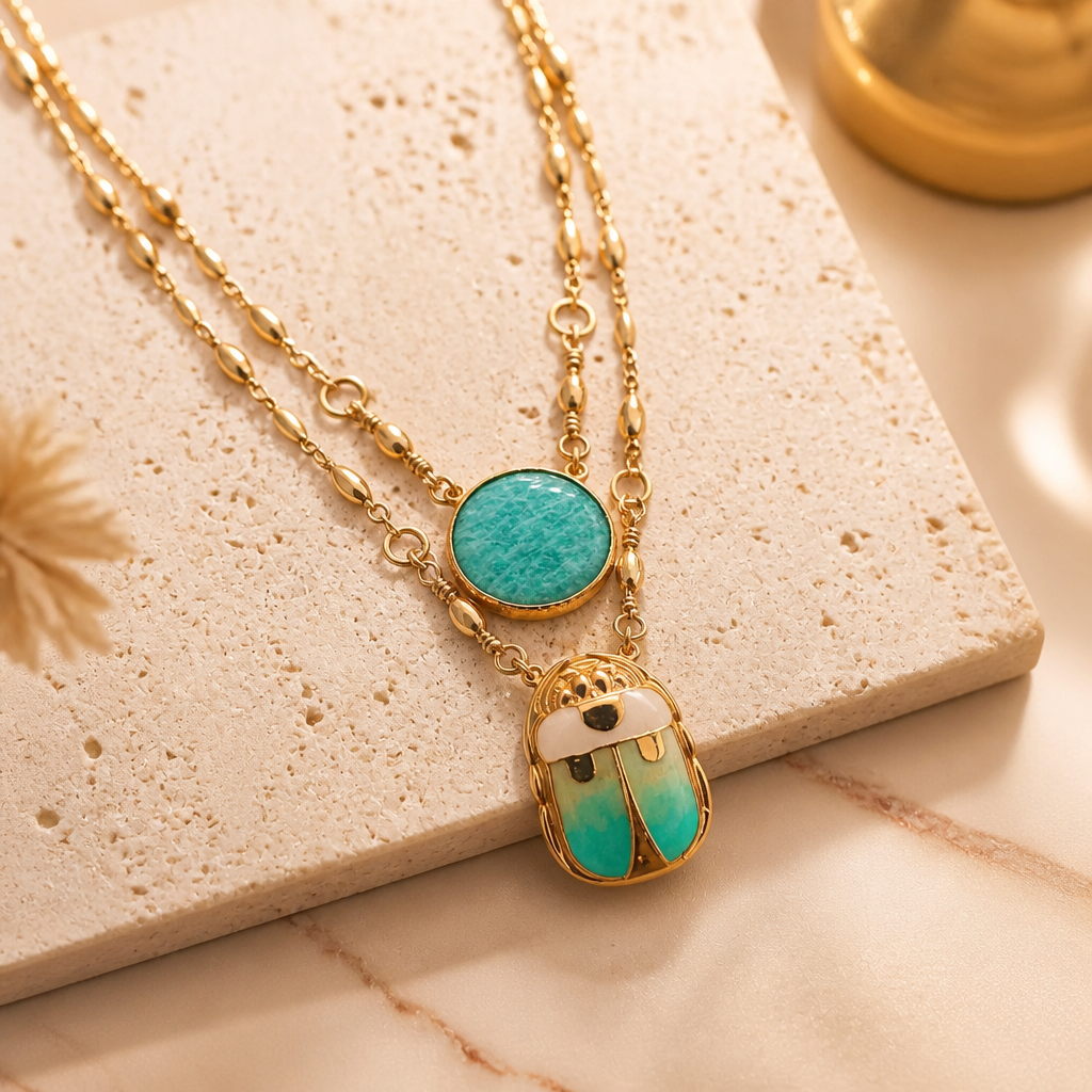 GAS BIJOUX - COLLIER SCAPULAIRE SERTI SCARABÉE DORÉ - EMAIL BLEU ET PIERRE TURQUOISE