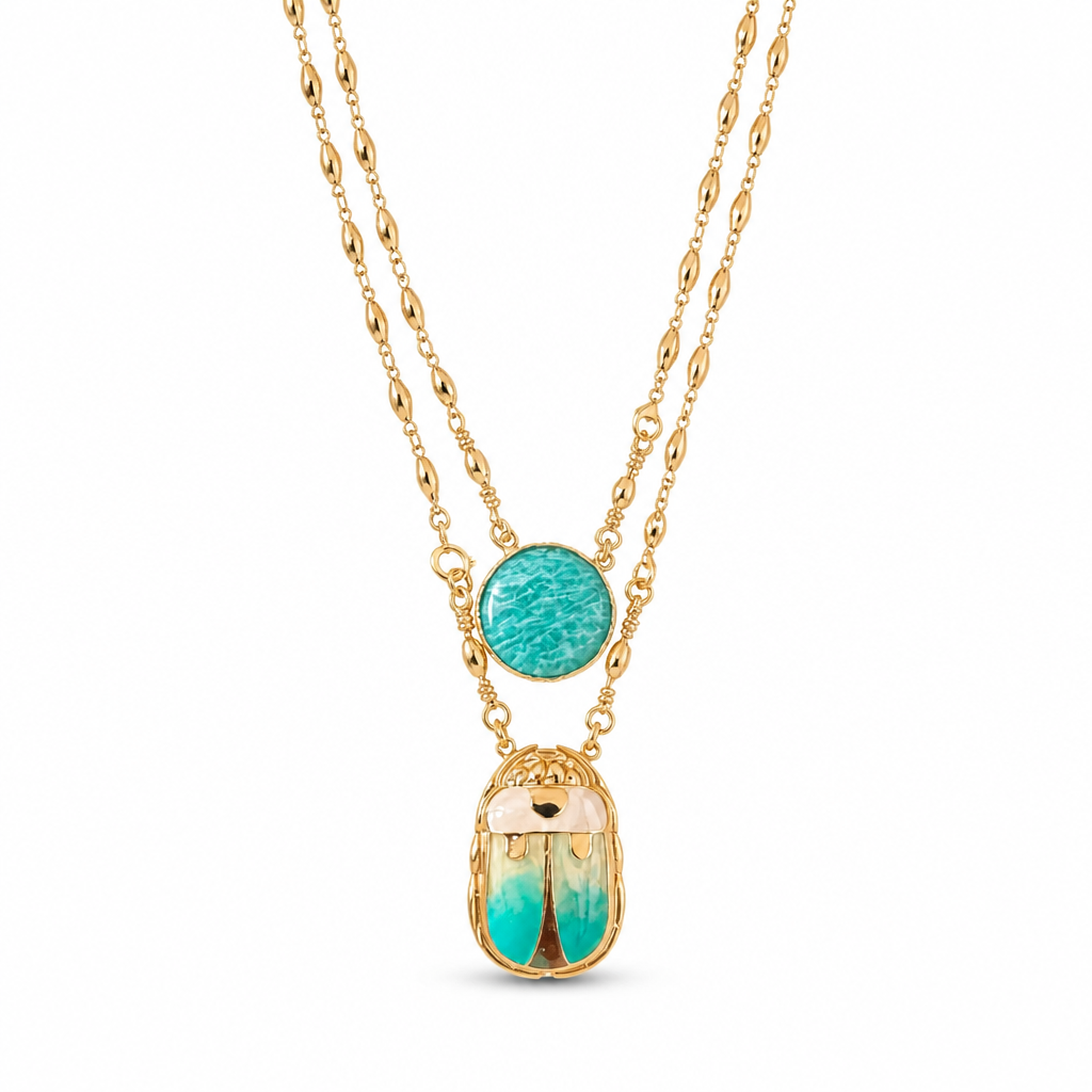 GAS BIJOUX - COLLIER SCAPULAIRE SERTI SCARABÉE DORÉ - EMAIL BLEU ET PIERRE TURQUOISE