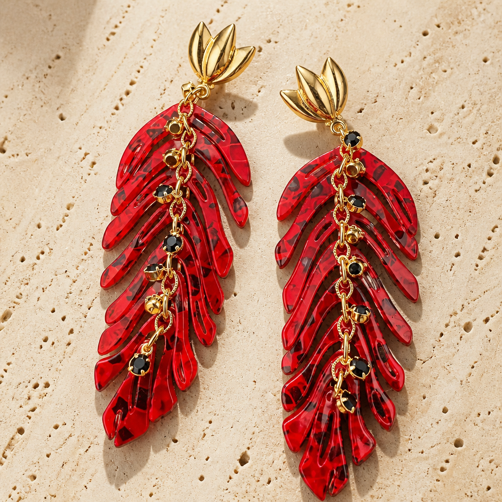GAS BIJOUX - BOUCLES D'OREILLES CAVALLO dorées à l'or fin - Acétate rouge - RARE