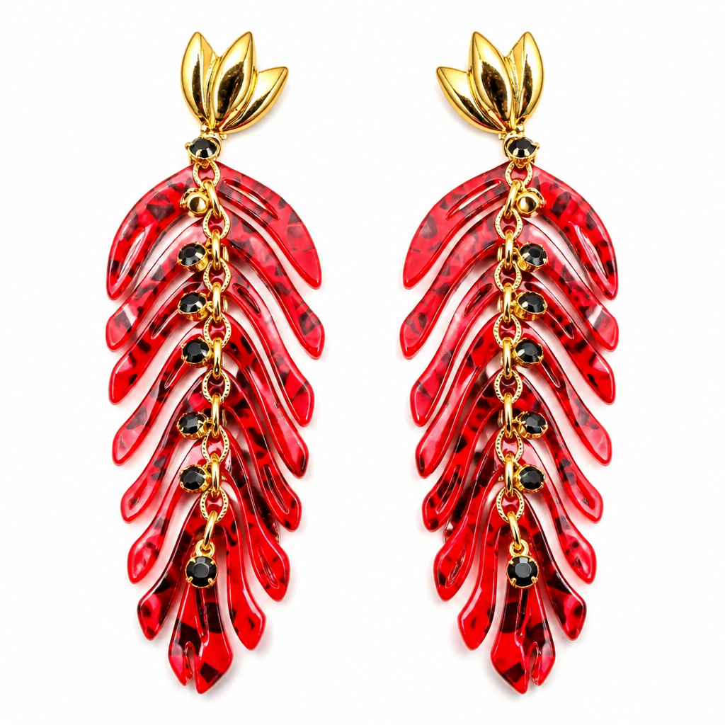 GAS BIJOUX - BOUCLES D'OREILLES CAVALLO dorées à l'or fin - Acétate rouge - RARE