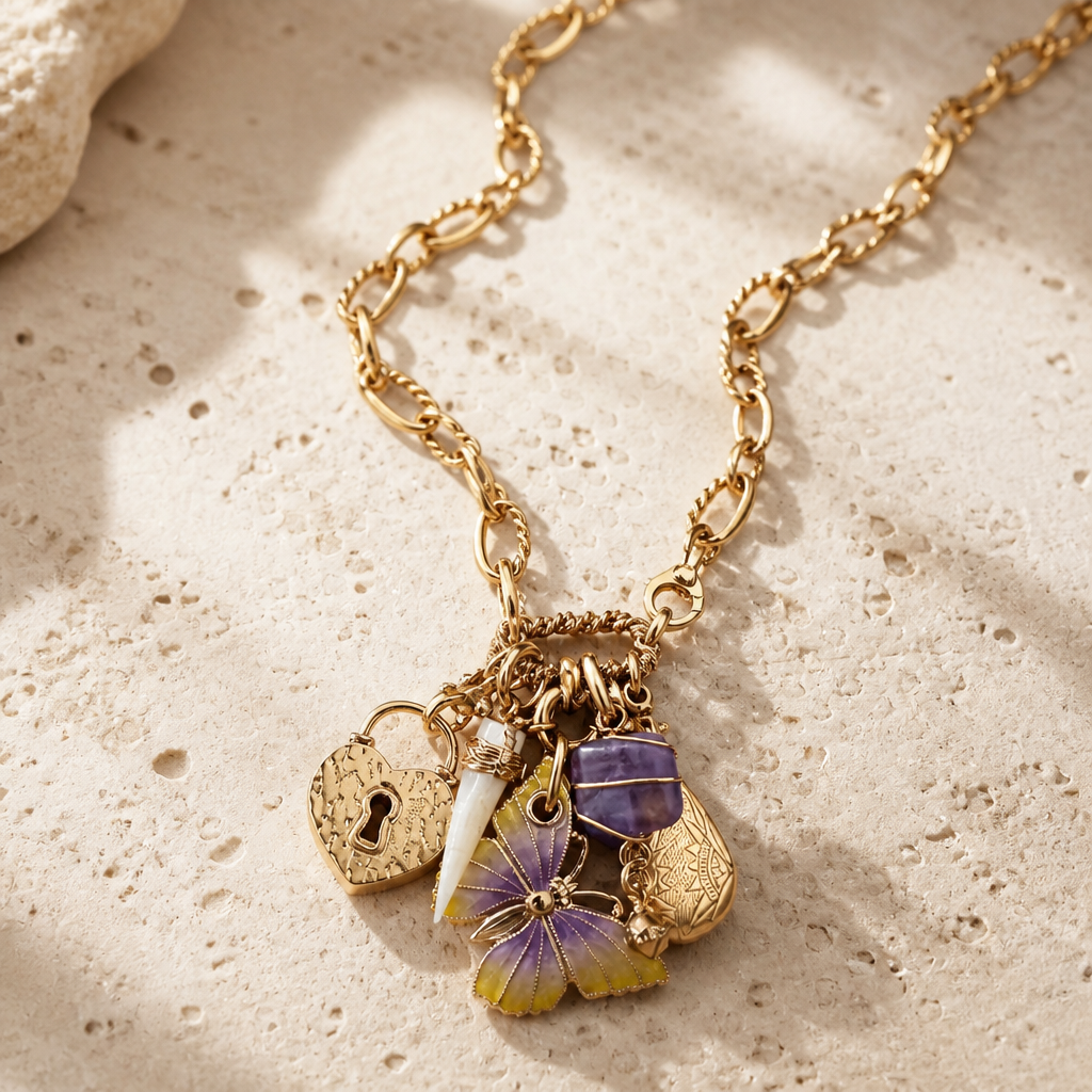 GAS BIJOUX - COLLIER CONSTANTINE DORÉ - PAPILLON MAUVE ET JAUNE