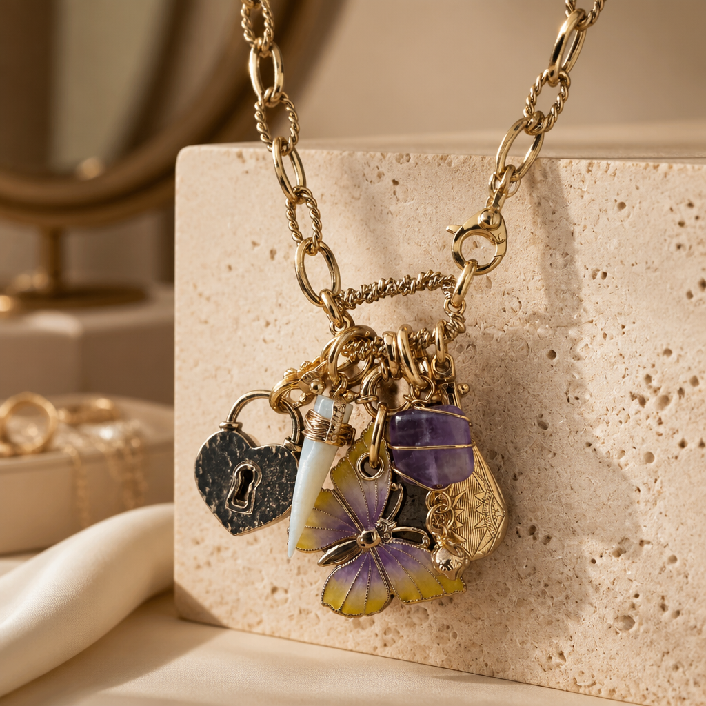 GAS BIJOUX - COLLIER CONSTANTINE DORÉ - PAPILLON MAUVE ET JAUNE