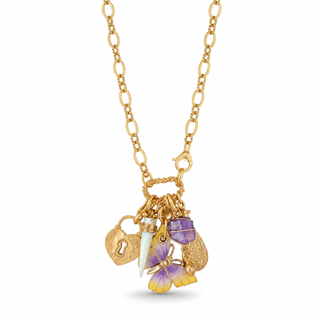 GAS BIJOUX - COLLIER CONSTANTINE DORÉ - PAPILLON MAUVE ET JAUNE
