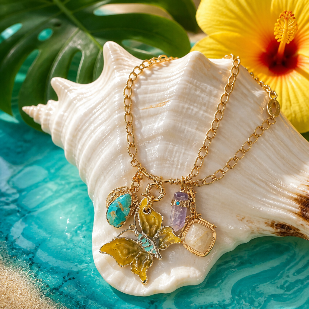 GAS BIJOUX - COLLIER CONSTANTINE DORÉ - PAPILLON VERT- JAUNE  - PIERRE QUARTZ ET TURQUOISE