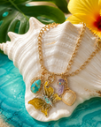 GAS BIJOUX - COLLIER CONSTANTINE DORÉ - PAPILLON VERT- JAUNE  - PIERRE QUARTZ ET TURQUOISE