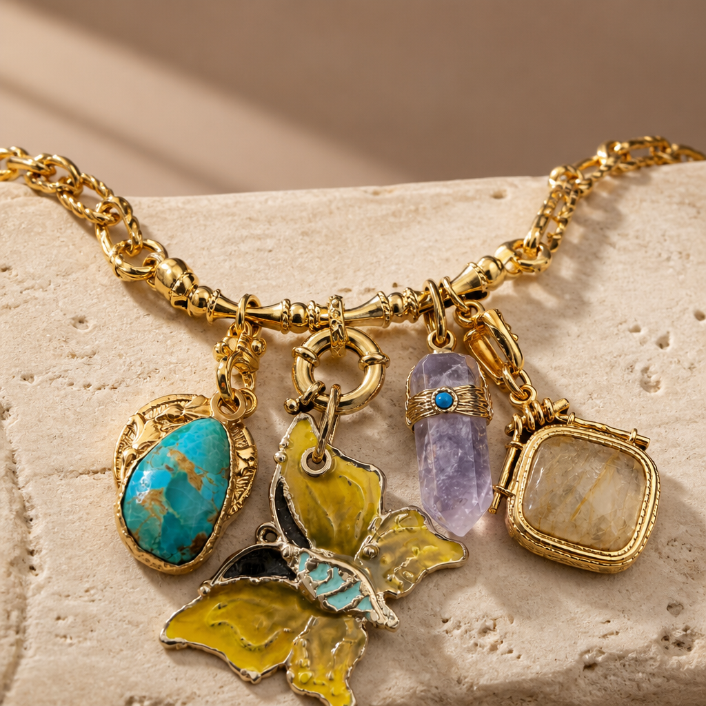GAS BIJOUX - COLLIER CONSTANTINE DORÉ - PAPILLON VERT- JAUNE  - PIERRE QUARTZ ET TURQUOISE
