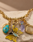 GAS BIJOUX - COLLIER CONSTANTINE DORÉ - PAPILLON VERT- JAUNE  - PIERRE QUARTZ ET TURQUOISE