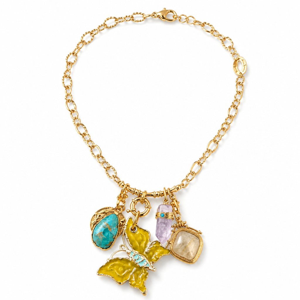 GAS BIJOUX - COLLIER CONSTANTINE DORÉ - PAPILLON VERT- JAUNE  - PIERRE QUARTZ ET TURQUOISE