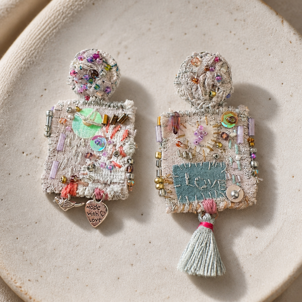 COLLECTION TOPAZE - BOUCLES D'OREILLES "BRODEES OISEAU ET COEUR"