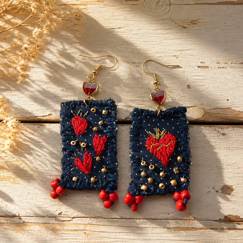 COLLECTION TOPAZE- BOUCLES D'OREILLES "COEUR SACRE DENIM"
