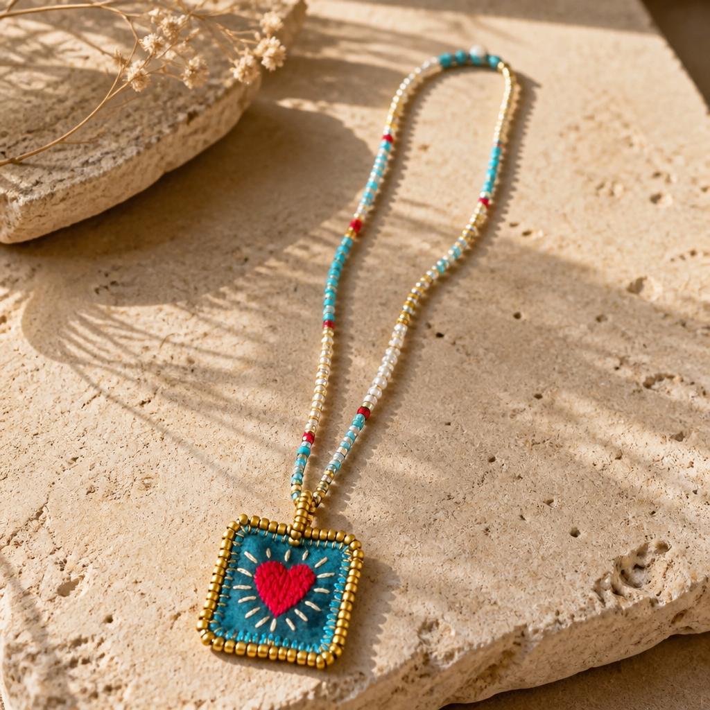 COLLECTION TOPAZE - SAUTOIR "COEUR SACRÉ" TURQUOISE ET OR