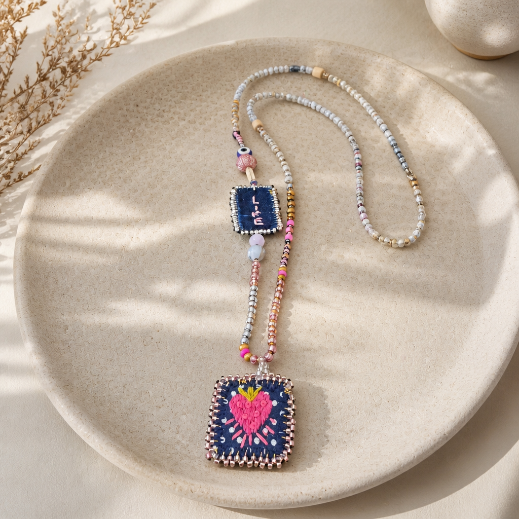 COLLECTION TOPAZE - SAUTOIR "LIFE" COEUR AILÉ ROSE ET MARINE