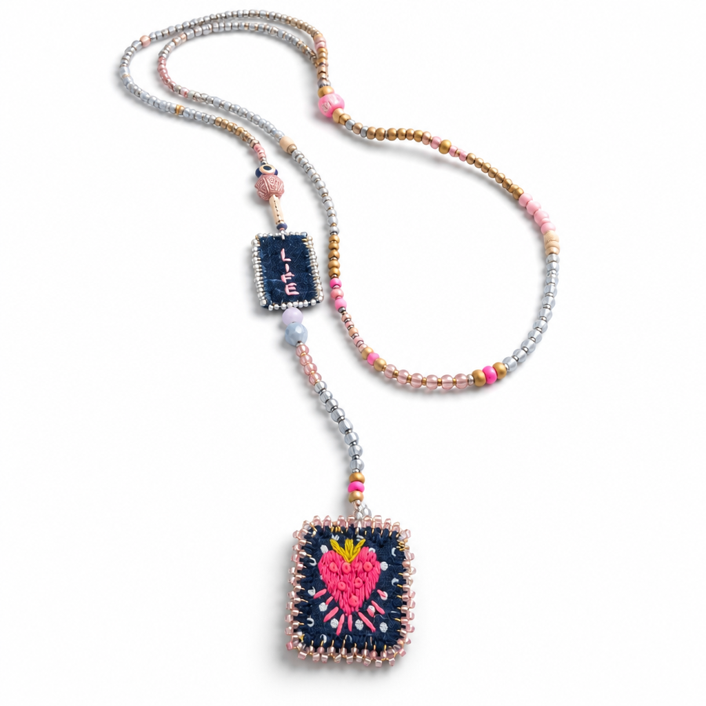 COLLECTION TOPAZE - SAUTOIR "LIFE" COEUR AILÉ ROSE ET MARINE