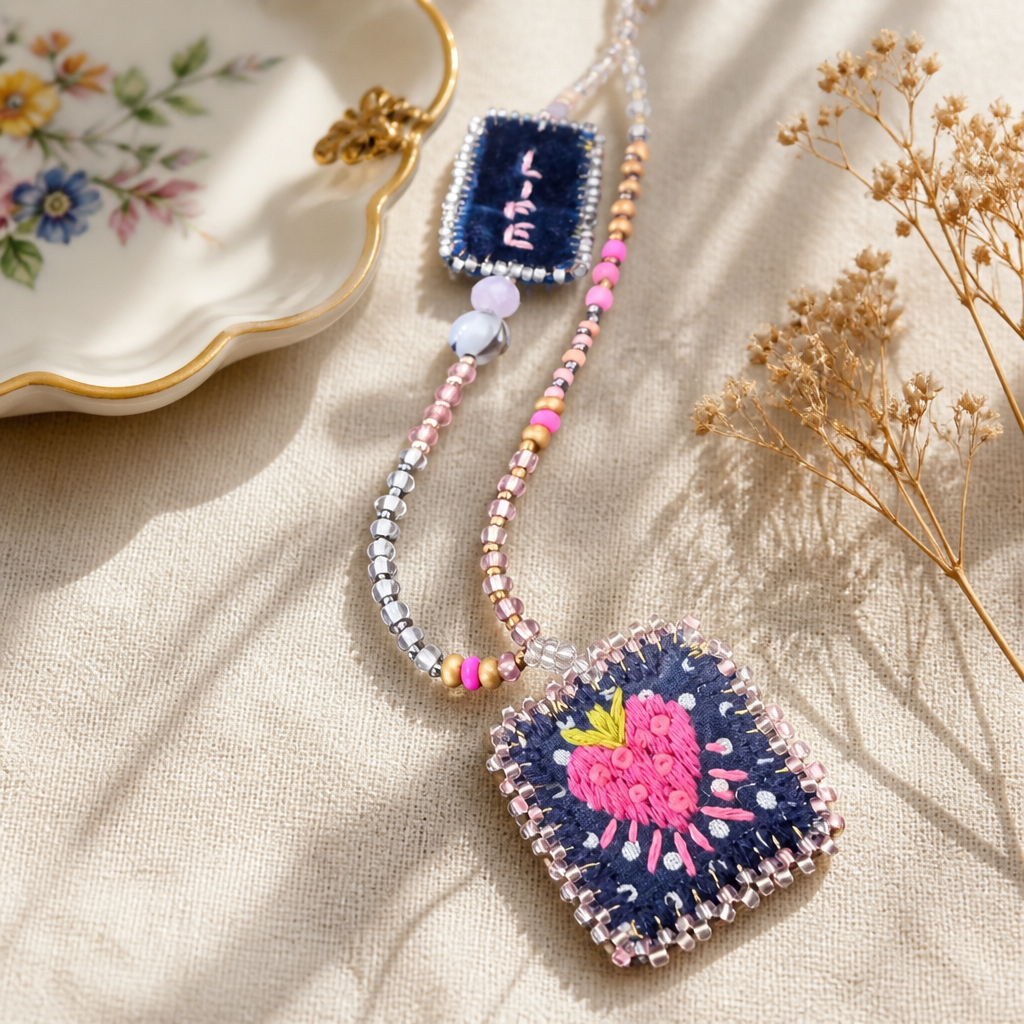 COLLECTION TOPAZE - SAUTOIR "LIFE" COEUR AILÉ ROSE ET MARINE