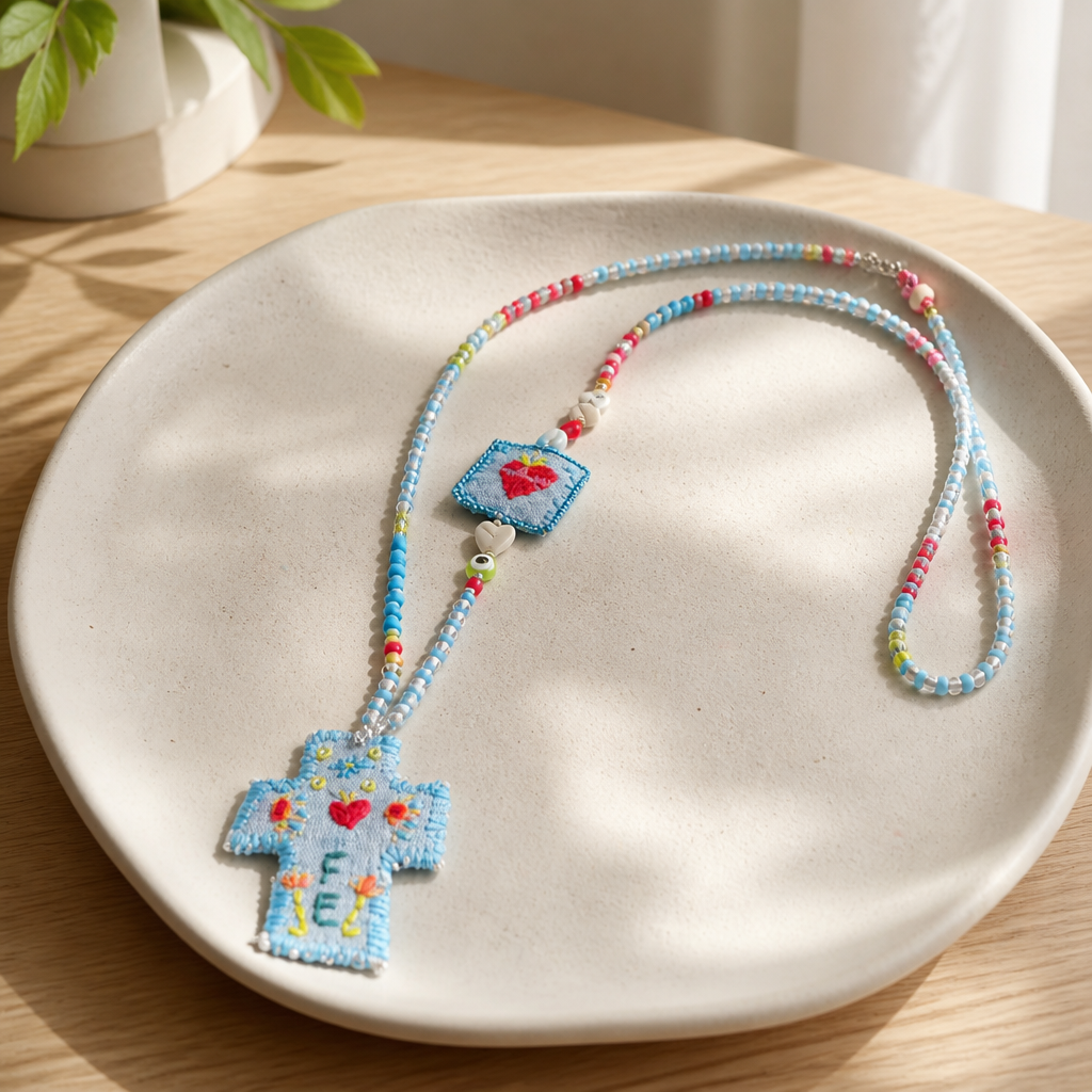 COLLECTION TOPAZE - SAUTOIR " CROIX FE" BLEU CIEL MULTICOLORE