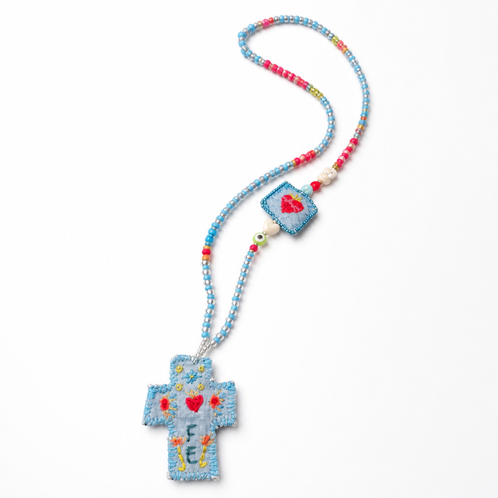 COLLECTION TOPAZE - SAUTOIR " CROIX FE" BLEU CIEL MULTICOLORE
