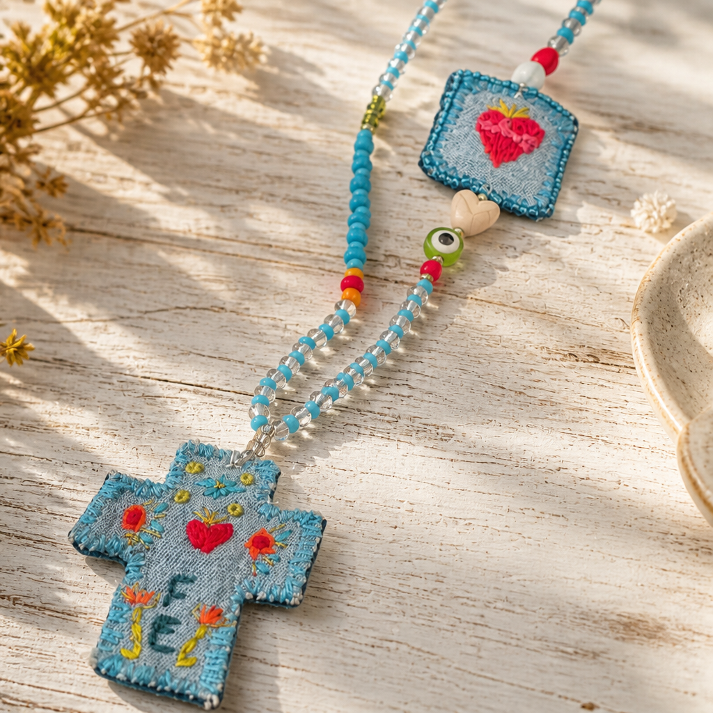 COLLECTION TOPAZE - SAUTOIR " CROIX FE" BLEU CIEL MULTICOLORE