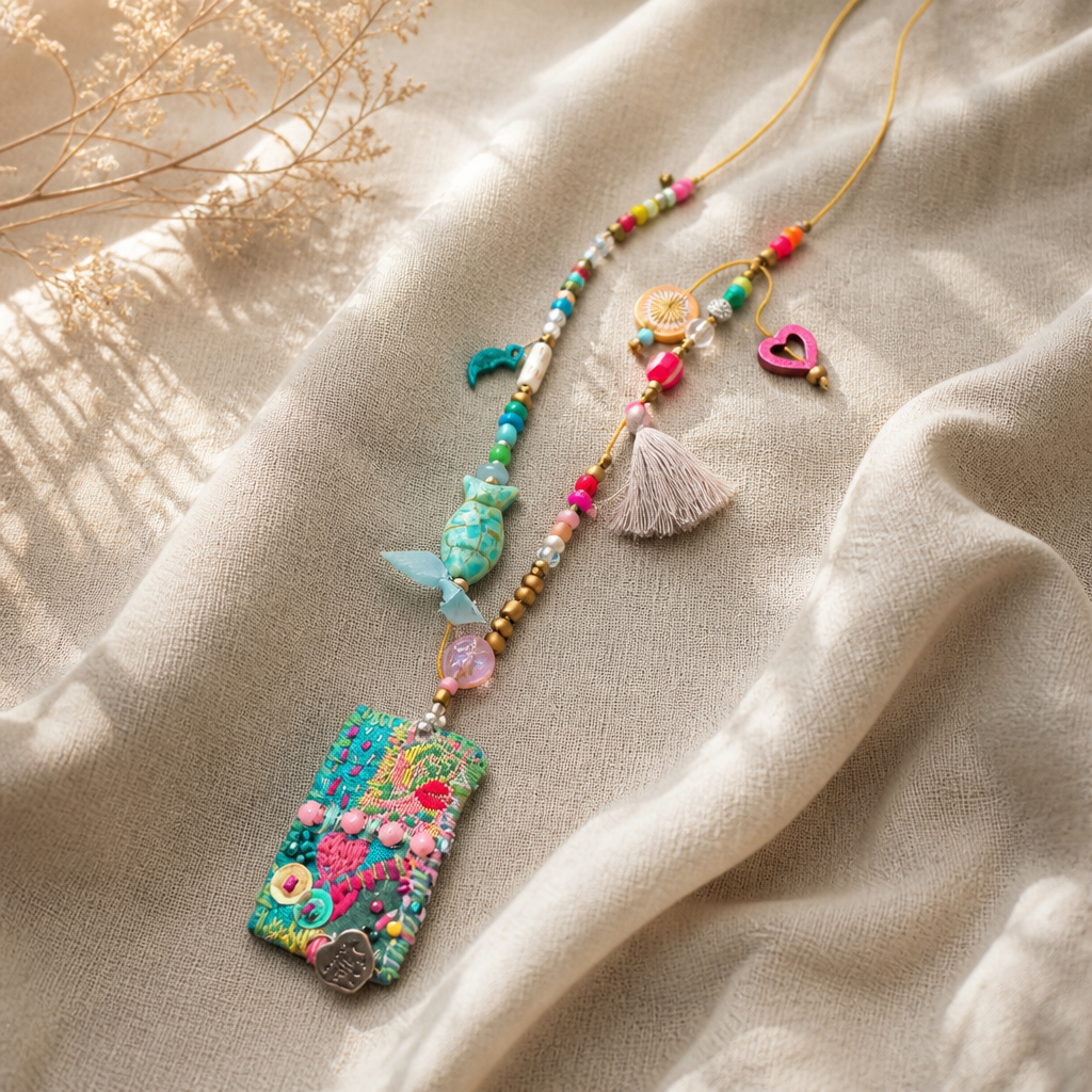 COLLECTION TOPAZE - SAUTOIR " JARDIN FLEURI" VERT ET ROSE MULTICOLORE