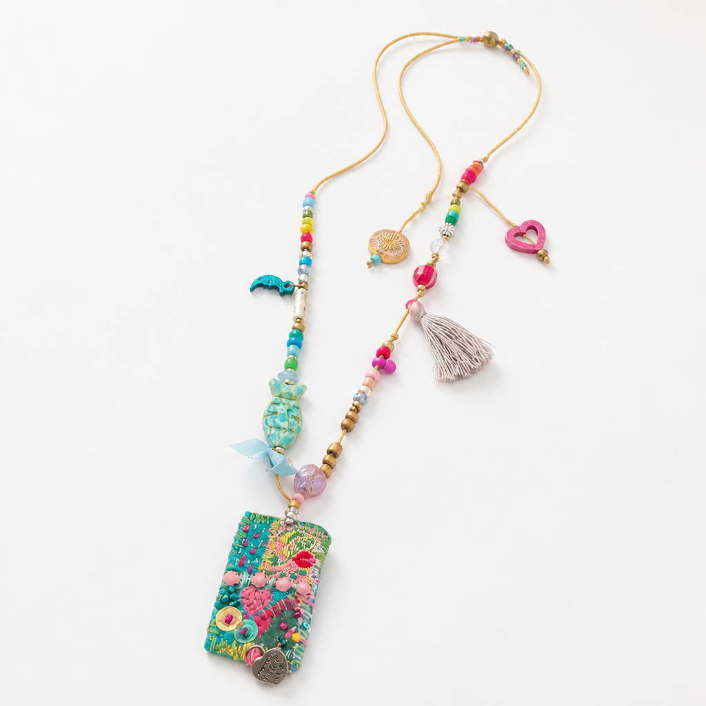 COLLECTION TOPAZE - SAUTOIR " JARDIN FLEURI" VERT ET ROSE MULTICOLORE